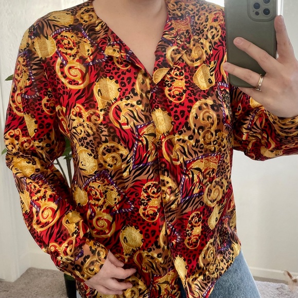 Sun Leopard Cheetah Paisley Hipster Vintage Hippie Artsy Boho Button Hip Blouse - Picture 2 of 8